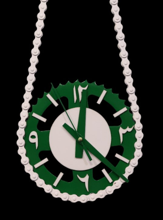 Green-White Handcrafted Bike Chain Sprocket Wall Clock!"