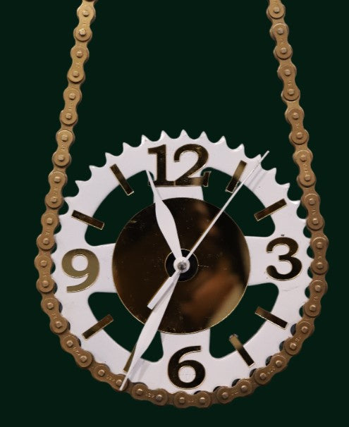 Golden-White Handcrafted Bike Chain Sprocket Wall Clock!"